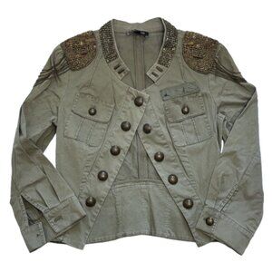 💚 Vintage Bebe Olive Green 3/4-Sleeve Jacket With Beaded Epaulets & Collar 💚